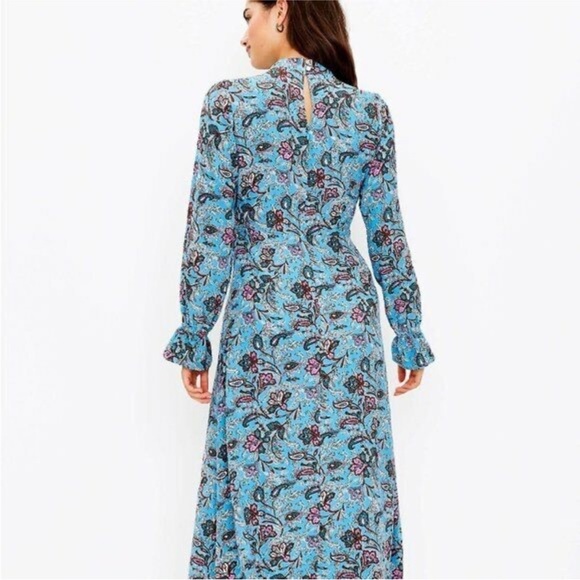 LOFT Bouquet Blue and Pink Floral Mock Neck Midi Dress. NWT - Picture 2 of 13
